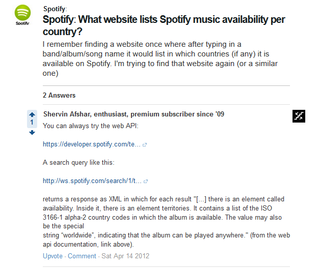 Screenshot of a Quora answer describing how to call the Spotify web API.