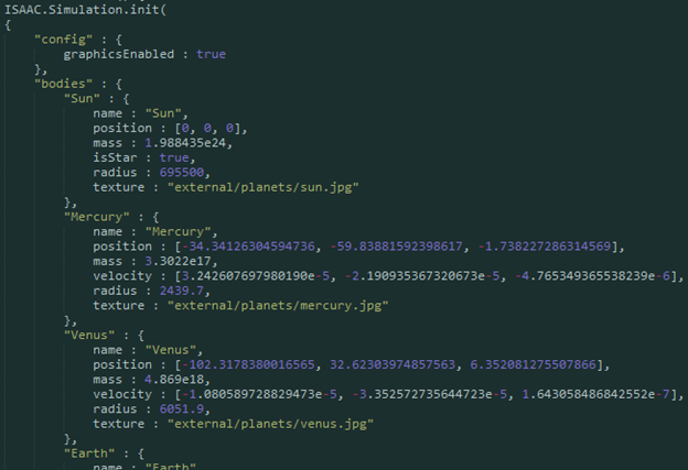 Screenshot of ISAAC configuration for the Solar System