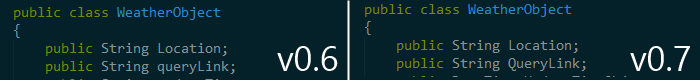 Comparison of Fourcast code from v0.6 and v0.7, showing renamed variables that caused a crash.