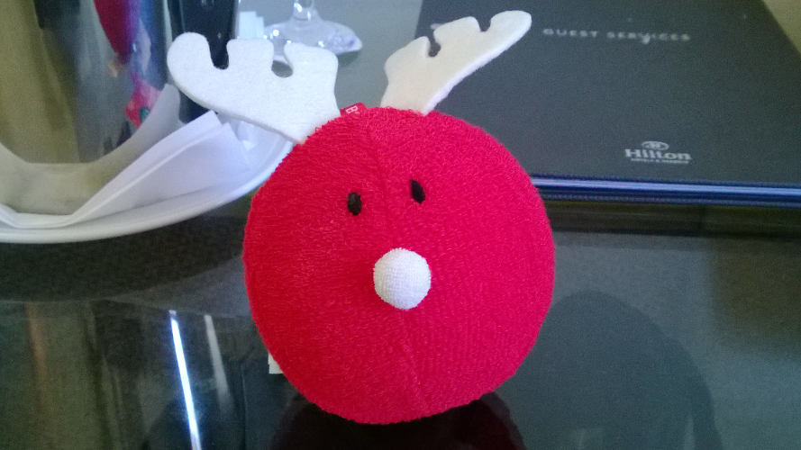 A red washball with features that make it look like a reindeer.
