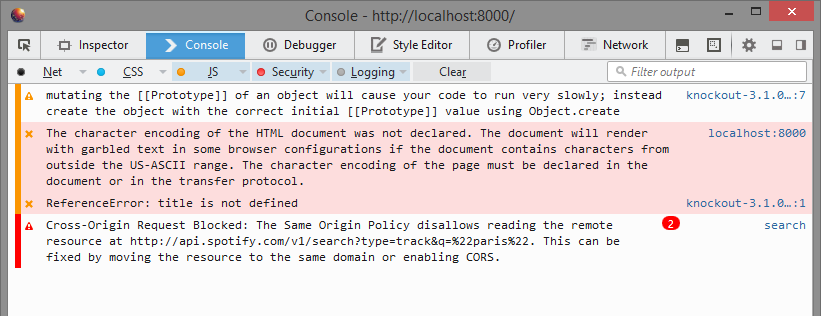 Screenshot of Firefox Aurora JS Console showing a Cross-Origin Request Blocked error.