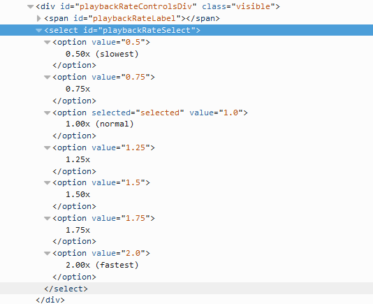 Screenshot of HTML source code showing playback rate options.