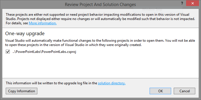 Screenshot of a Visual Studio dialog prompting to permanently upgrade the project.