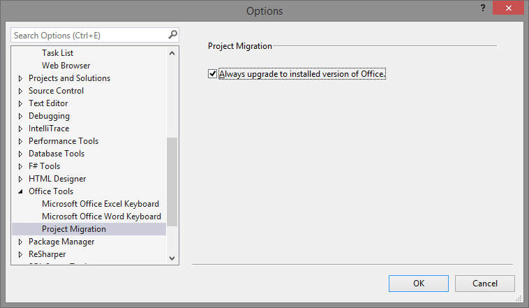 Screenshot of Visual Studio preferences, showing the Project Migration section.