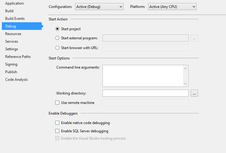 Screenshot of Visual Studio preferences showing the Debug pane.