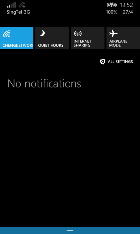 Screenshot of the Windows Phone 8.1 notification pane.