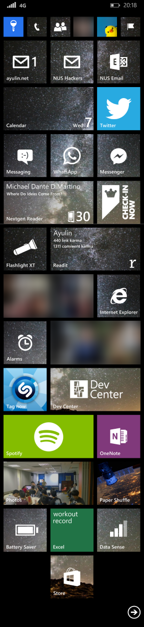 Extended screenshot of my Windows Phone Start screen layout.