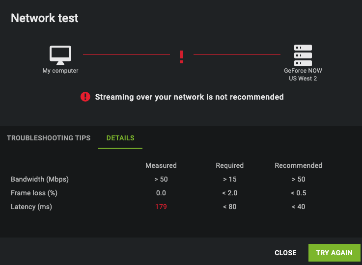 Screenshot of GeForce Now network test, showing a recommendation against streaming.