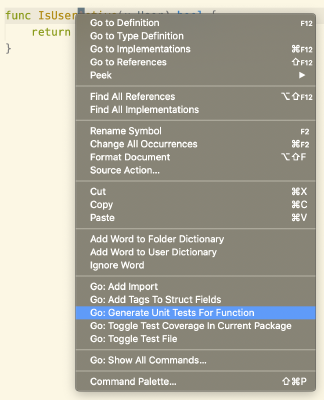 Screenshot of the VS Code right-click context menu, with the Generate Unit Tests For Function option highlighted.